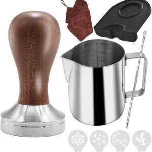 51mm Barista Espresso Tamper Package for Portafilter Machines – Contains Wood Espresso Tamper, Tamper Mat, 350 ml Frothing Pitcher, Barista Towel, and Latte Artwork Pen