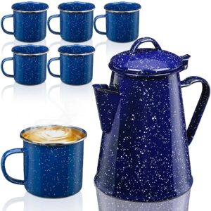 Dandat 12-Cup Enamel Espresso Pot Set with 6 Blue 12 oz Enamel Mugs – Good for Tenting, Picnics, and Residence Use