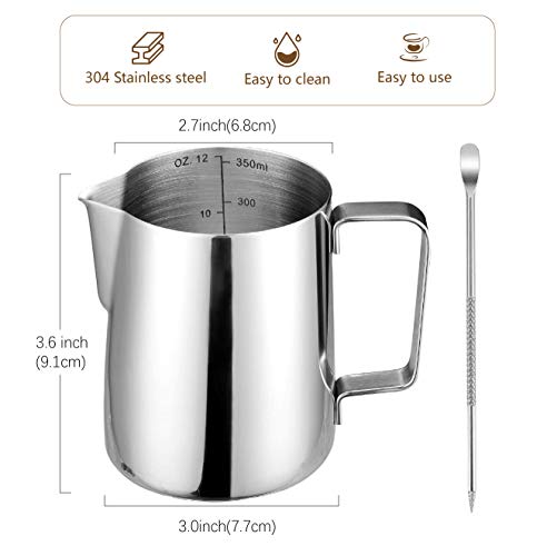 Stainless Metal Milk Frothing Pitcher with Espresso Spoons - Perfect for Espresso, Latte Artwork, Chai, Cappuccino, and Scorching Chocolate