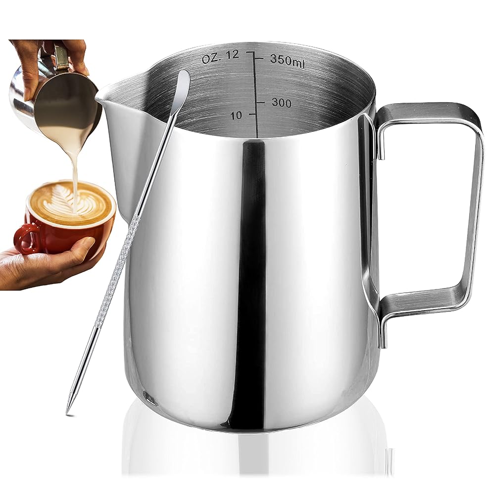 Stainless Metal Milk Frothing Pitcher with Espresso Spoons – Perfect for Espresso, Latte Artwork, Chai, Cappuccino, and Scorching Chocolate