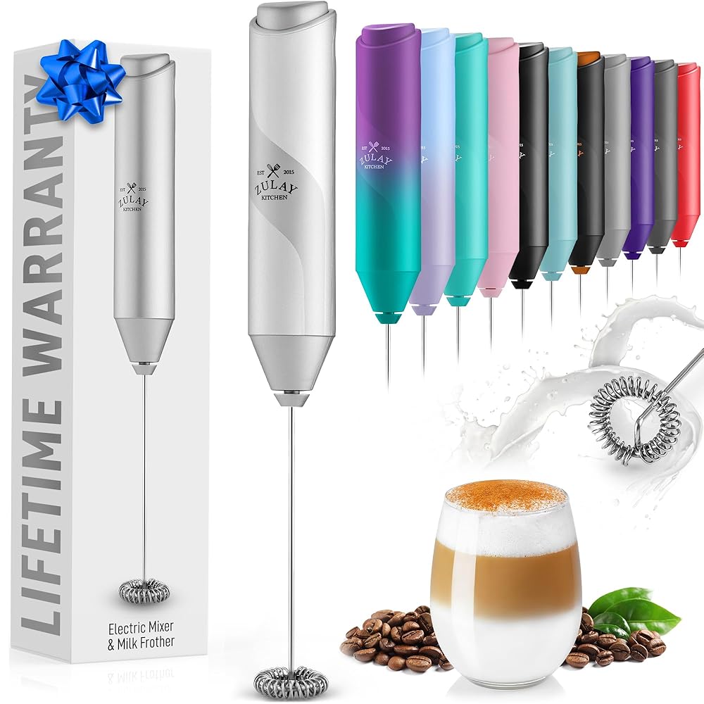 Zulay Kitchen Excessive-Efficiency Milk Frother Wand – Transportable Stainless Metal Handheld Mixer – Battery-Powered Beverage Whisk for Espresso, Lattes, Cappuccinos, Matcha – FrothMate Milk